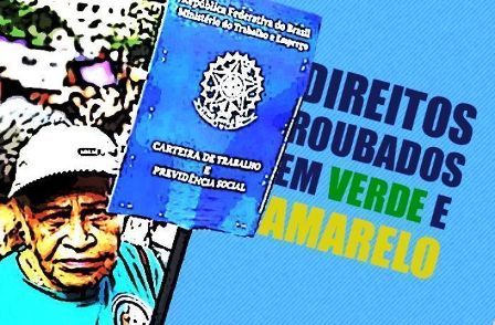Ilustração mostra uma carteira de trabalho em um trabalhador em manifestação